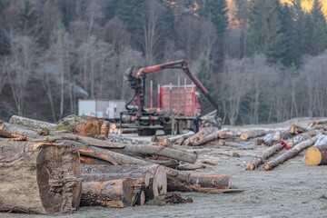 Fototapeta premium Sunrise casts a gentle light on a serene forest, where logs lie scattered on the ground