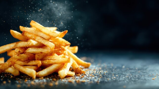 Crispy fries stacked high on a dark surface with a sprinkle of seasoning