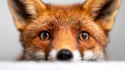 Fox peering over a surface with focused eyes in a close view