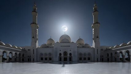 Grand white mosque with tall minarets and domes under a bright full moon at night, vast courtyard in front