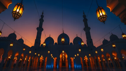 Grand mosque exterior decorated with numerous illuminated hanging lanterns against dramatic twilight sky symbolizing faith and architecture