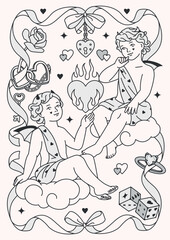 Valentine romantic coloring page with angel and little devil surrounded by hearts and love symbols. Monochrome line art illustration for love theme coloring book