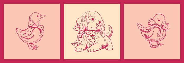 Cute vintage style animals with ribbon bows drawn in hand sketched line art. Playful nostalgic illustration perfect for nursery decor, spring designs.