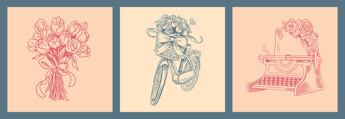 Vintage hand drawn illustrations of spring romantic objects: flower bouquet, bicycle and typewriter. Soft retro palette and sketch style for nostalgic decor and design.