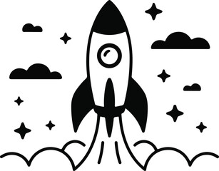 A happy cartoon astronaut and a friendly alien travel on a vector spaceship design featuring an artistic water drop symbol as they launch a rocket into space above the sea