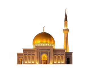 Illuminated mosque with golden dome and minaret isolated on transparent background