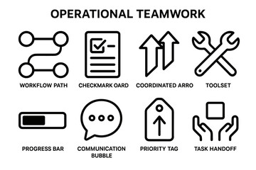 Teamwork Icons Set. Operational Teamwork set in outline vector style: workflow path, checkmark board, coordinated arrows, toolset icon, progress bar, communication bubble, priority tag, task handoff