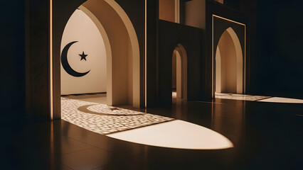 Architectural interior with Islamic arches and crescent moon symbol illuminated by dramatic light and shadow play
