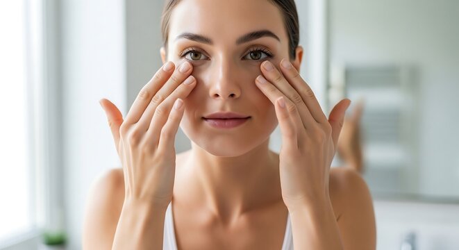 Close-up of a young woman gently applying eye cream or serum to her under-eye area in a bright bathroom, focusing on skincare and beauty routine.