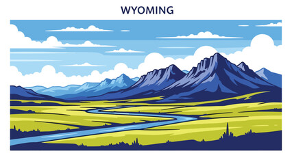 Flat vector illustration of Wyoming wilderness with open plains, dramatic mountain ranges, rivers, and vast skies, untouched western scenery in solid flat vector style