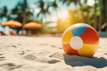 A classic beach ball lies on sunlit sand, embodying the essence of summer fun. Bursting with primary colors, it offers a playful invitation to seaside leisure and joy.