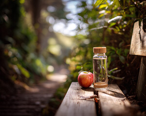 Close view of reusable water bottle and apple on wooden trail bench with blurred hiking path and greenery in sunlight promoting healthy lifestyle

