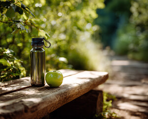 Close view of reusable water bottle and apple on wooden trail bench with blurred hiking path and greenery in sunlight promoting healthy lifestyle
