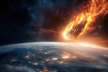 A massive asteroid with a fiery surface races toward Earth, creating a stunning spectacle. Its glowing trail and illuminating hues highlight a dramatic encounter with the atmosphere.