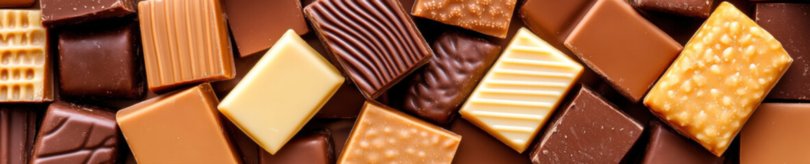 An enticing top-down photo of assorted chocolate bars showcases diverse textures and rich tones. The delectable mix of dark, milk, and white chocolate pieces promises a delightful indulgence.
