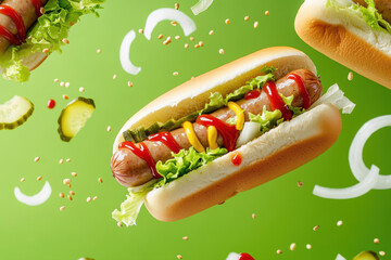 A captivating scene with hot dog ingredients floating against a lime green backdrop. Grilled sausage, mustard, and ketchup create a bold visual, enhanced by crisp lighting and vibrant color contrasts.