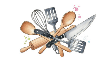 Assorted kitchen utensils arranged on a clean white background