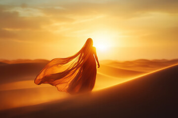 A mysterious silhouette of a woman gracefully draped in a flowing veil casts a captivating figure. She traverses the tranquil desert landscape as the sun sets behind distant dunes.