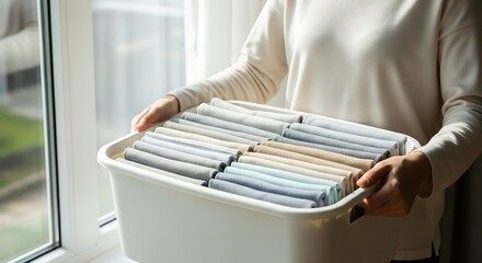 Person holding a white laundry basket filled with neatly folded clothes in various light colors near a window.