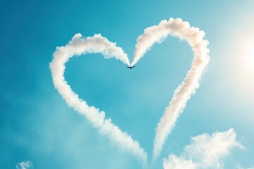 A small airplane creates a heart-shaped smoke trail in the bright blue sky. The aerial display symbolizes love and artistry, capturing the attention of sky lovers.