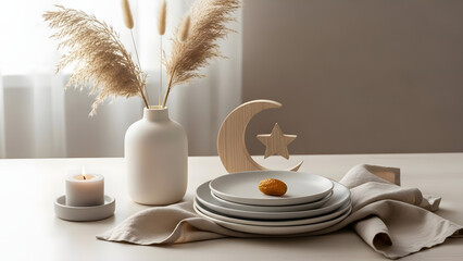 Minimalist ramadan table setting with white ceramic plates wooden crescent star ornament vase with pampas grass and lit candle for iftar celebration
