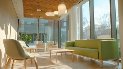Interior medium shot focusing on biodegradable furniture and minimalistic décor in a green outpatient clinic with blurred natural light streaming through large windows.