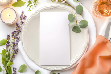 A sophisticated dinner place setting featuring a blank menu card with embossed details. The arrangement exudes elegance with a white linen napkin on a fine ceramic plate, perfect for formal dining.