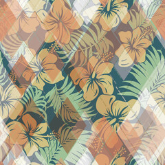Tropical flowers and leaves with argyle motifs patchwork wallpaper abstract vector seamless pattern for fabric textile shirt pillow tablecloth tapestry pad rug carpet 
