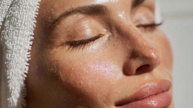A detailed macro shot captures a woman&rsquo;s luminous complexion and healthy skin texture, highlighting hydration and relaxation. The image evokes spa, self care, and beauty trends