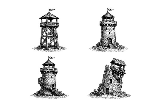 Medieval watchtowers vintage engraving set