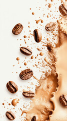 An artful splash of coffee powder among roasted beans creates dynamic motion and energy. Warm tones contrast against a crisp white background, highlighting the beans' rich texture.
