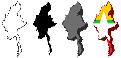 set collections myanmar flag in map icon. Detailed Libya map silhouette. 3D Maps myanmar symbol design template vector illustration