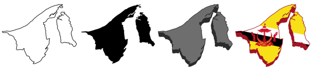 set collections brunei flag in map icon. Detailed Libya map silhouette. 3D Maps brunei symbol design template vector illustration