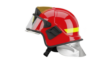 Firefighter helmet red with yellow stripe isolated on transparent background