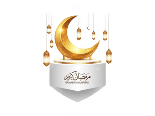 Celebrating ramadan with golden crescent and lanterns isolated on transparent background
