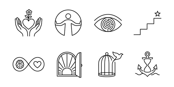 Personal growth line icons set, caring heart balance vision steps