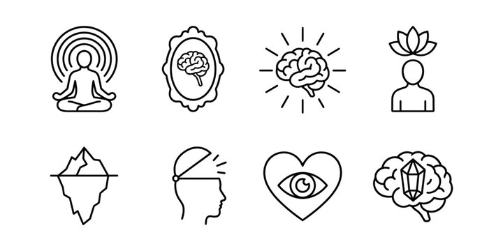 Mindfulness awareness line icons set, meditation aura reflection brain