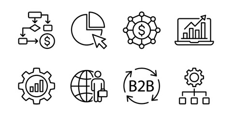 Business analytics line icons set, conversion funnel, revenue growth, market segmentation, b2b sales
