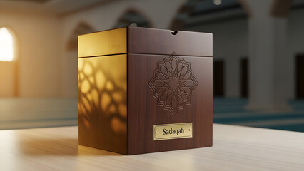 Sadaqah box made of dark polished wood resting on surface in softly lit mosque interior with sunlight streaming through window creating intricate geometric shadows
