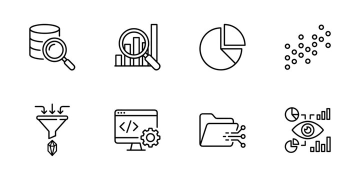 Data analytics line icons set, pie chart, scatter plot, pipeline, dashboard, insights
