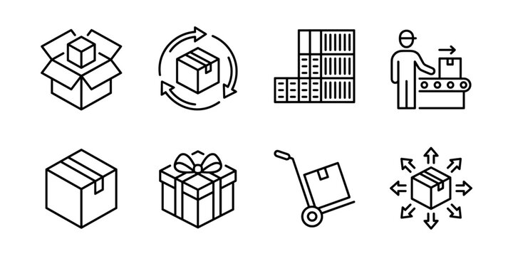 Packaging and distribution line icons set, box shipping warehouse delivery logistics