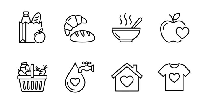 Basic needs and humanitarian aid line icons set