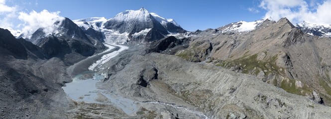 Aerial view, Alpine panorama, mountain landscape with glacier tongue and glacier lake, Glacier de Cheilon and summit Mont Blanc de Cheilon, Valais, Western Alps, Switzerland