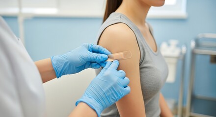 Medical professional applying a bandage to a patient's arm after an injection or vaccination in a clinic setting.
