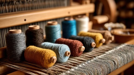 Textile studio table featuring a weaving loom with yarn spools in focus background showcases assorted fiber art materials softened for depth.