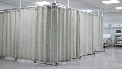 Medium shot showing fullheight washable hospital privacy curtains providing total enclosure for patient areas designed for robust sanitization and infection control.