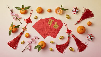 Celebrating Chinese New Year with festive red envelope, gold coins, and blossoming flowers from a top view