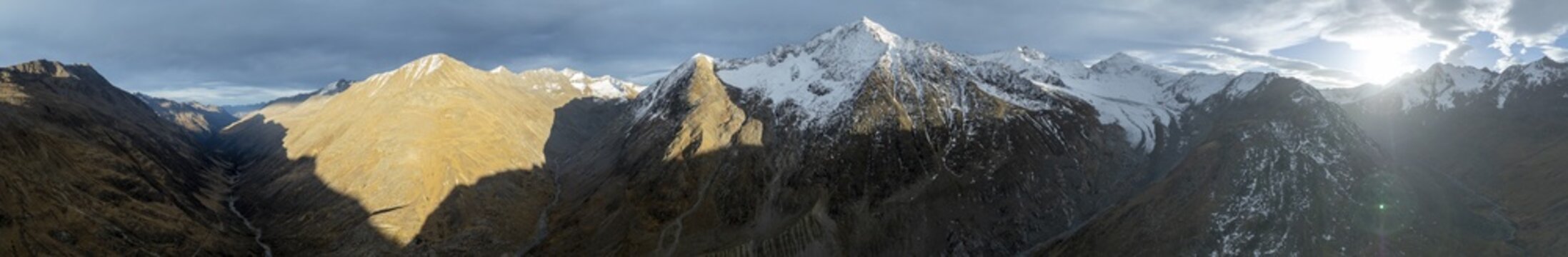 Schafkogel and Querkogel, glacier Schlaf Ferner, evening mood, Niedertal with three thousand metre peaks, Alpine panorama, aerial view, mountains in &Ouml;tztal, &Ouml;tztal Alps, Tyrol, Austria