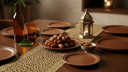 Ramadan dining table setup with dates, bottle of water, glasses, plates, runner and lit lantern, festive iftaar meal preparation, cultural gathering, traditional hospitality