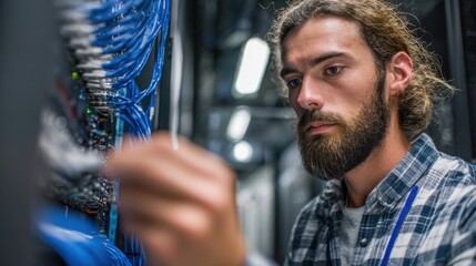 Focused IT specialist in a climatecontrolled server room replacing storage devices and running system checks for efficient data management and operational stability.